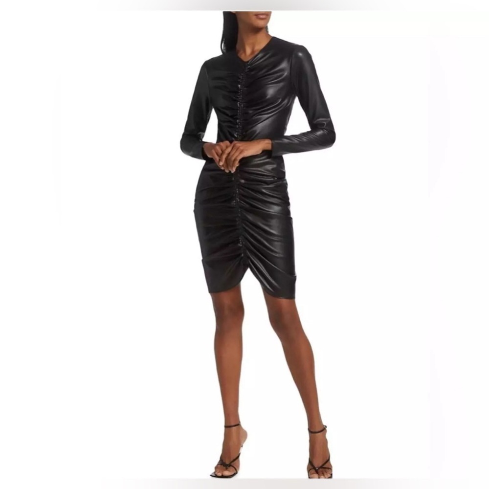 VERONICA BEARD Grunge Moto Indie Sleaze Faux Leather Ruched Mini Dress Black NEW - Picture 3 of 16